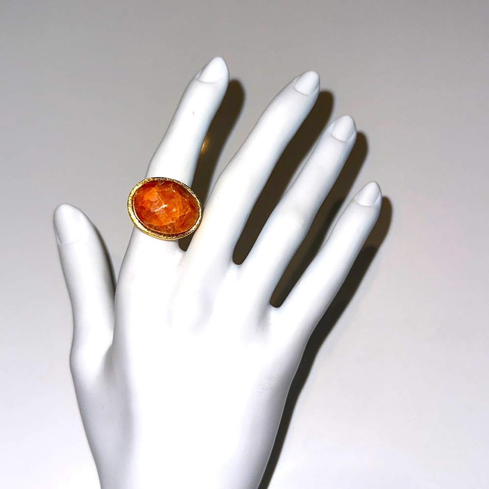 MARCIA MORAN brushed gold tone orange quartz cocktail statement ring 5.75